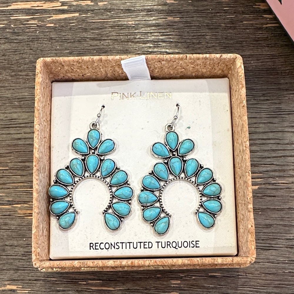 Pink Linen Reconstituted Turquoise Teardrop Fan Earrings - Silver